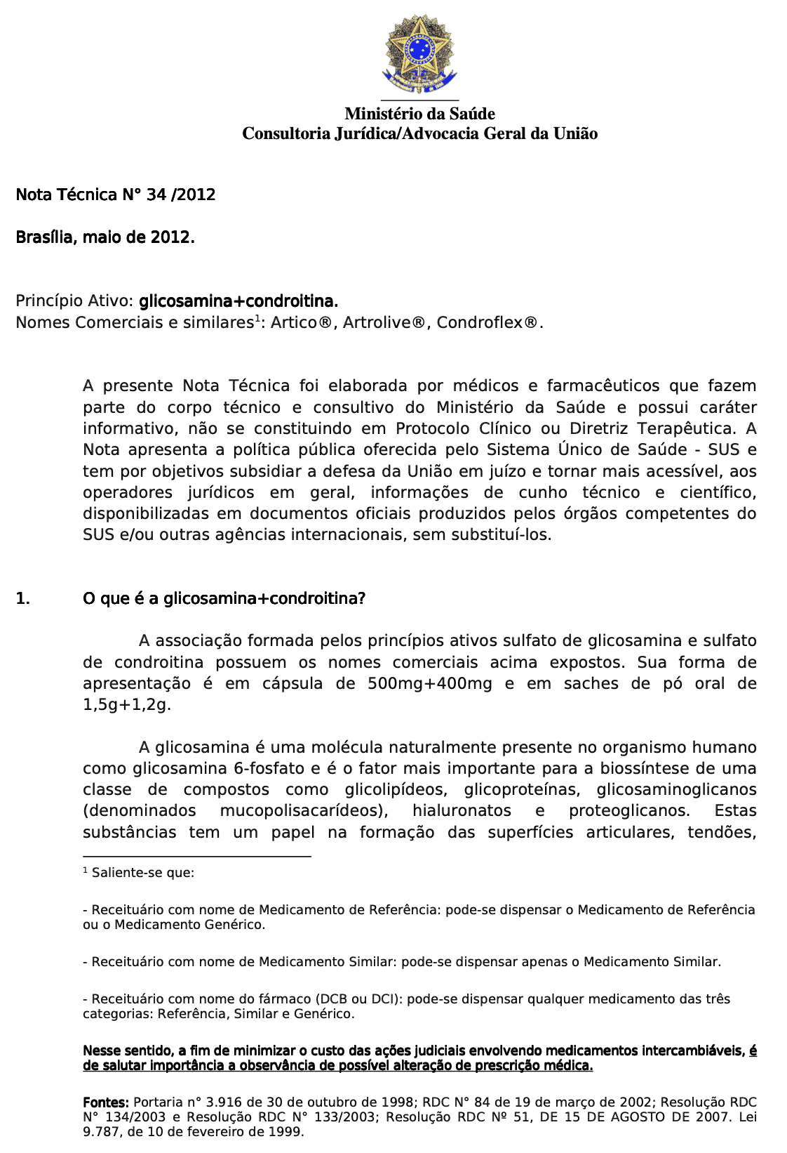 NOTA TÉCNICA DO MINISTÉRIO DA SAÚDE SOBRE CONDROITINA E GLUCOSAMINA