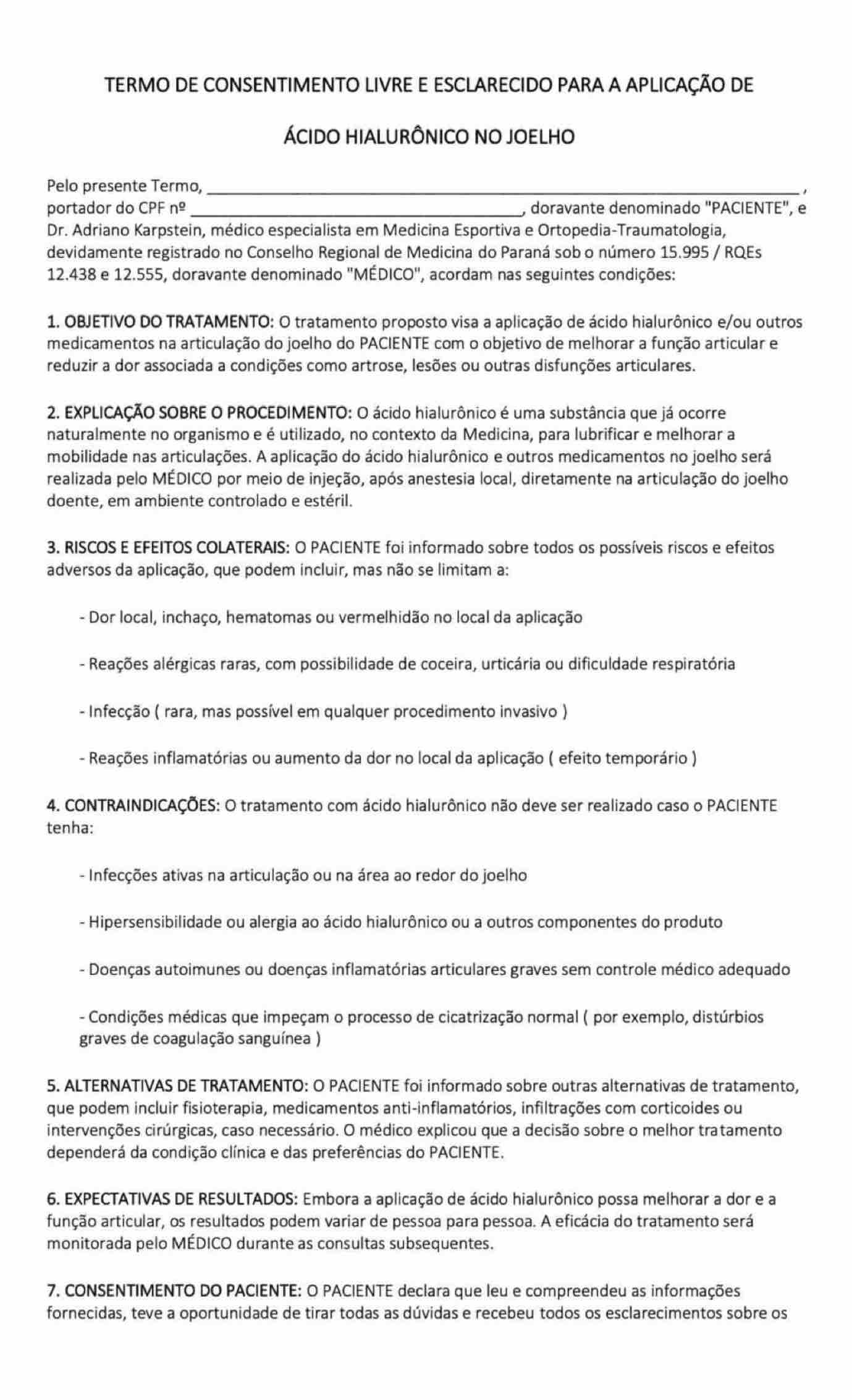 CONSENTIMENTO PARA APLICAÇÃO DE ÁCIDO HIALURÔNICO NO JOELHO