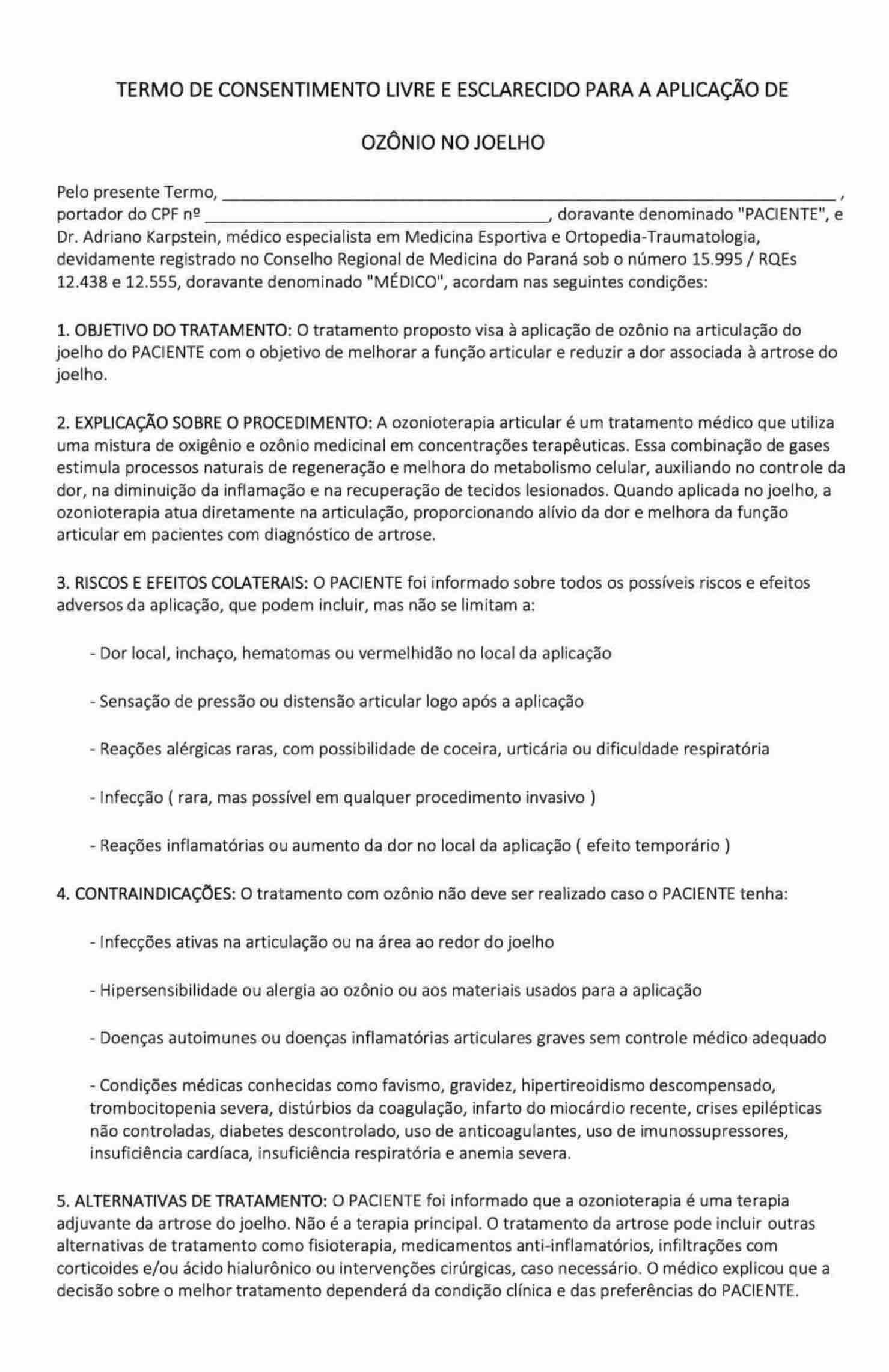 CONSENTIMENTO PARA APLICAÇÃO DE OZÔNIO NO JOELHO